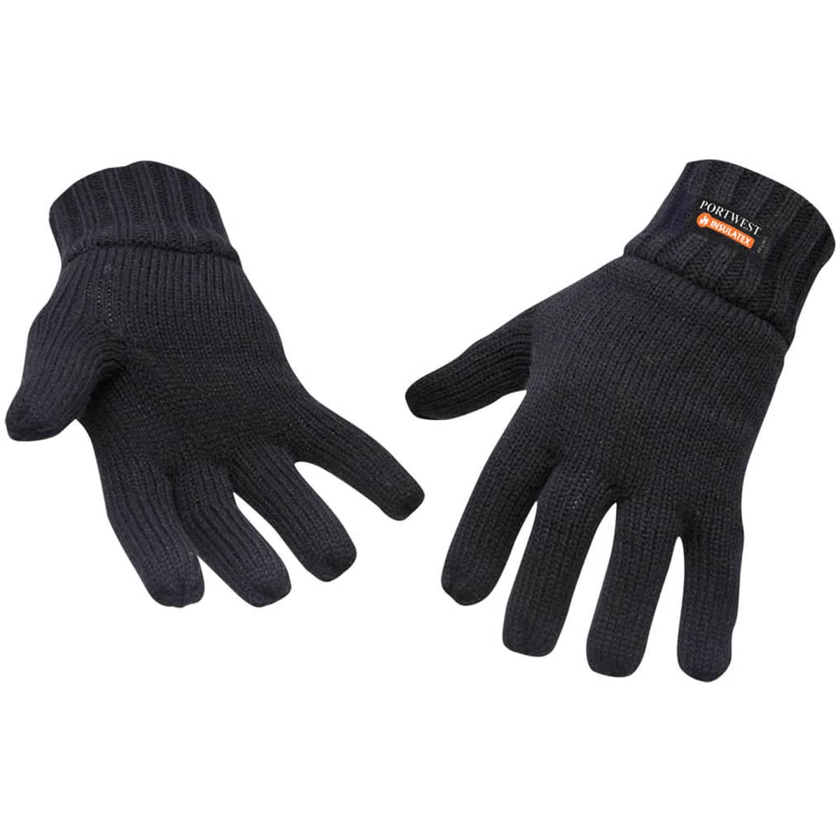 A pair of black knit gloves with a ribbed cuff and a logo on one cuff.
