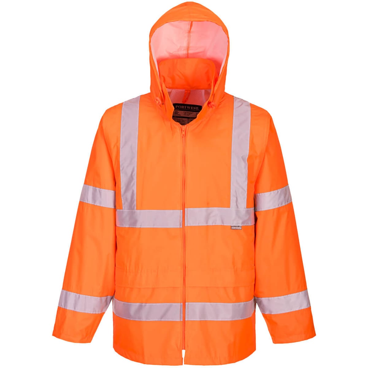 A bright orange Hi-Vis rain jacket with reflective stripes and a hood, featuring a logo.