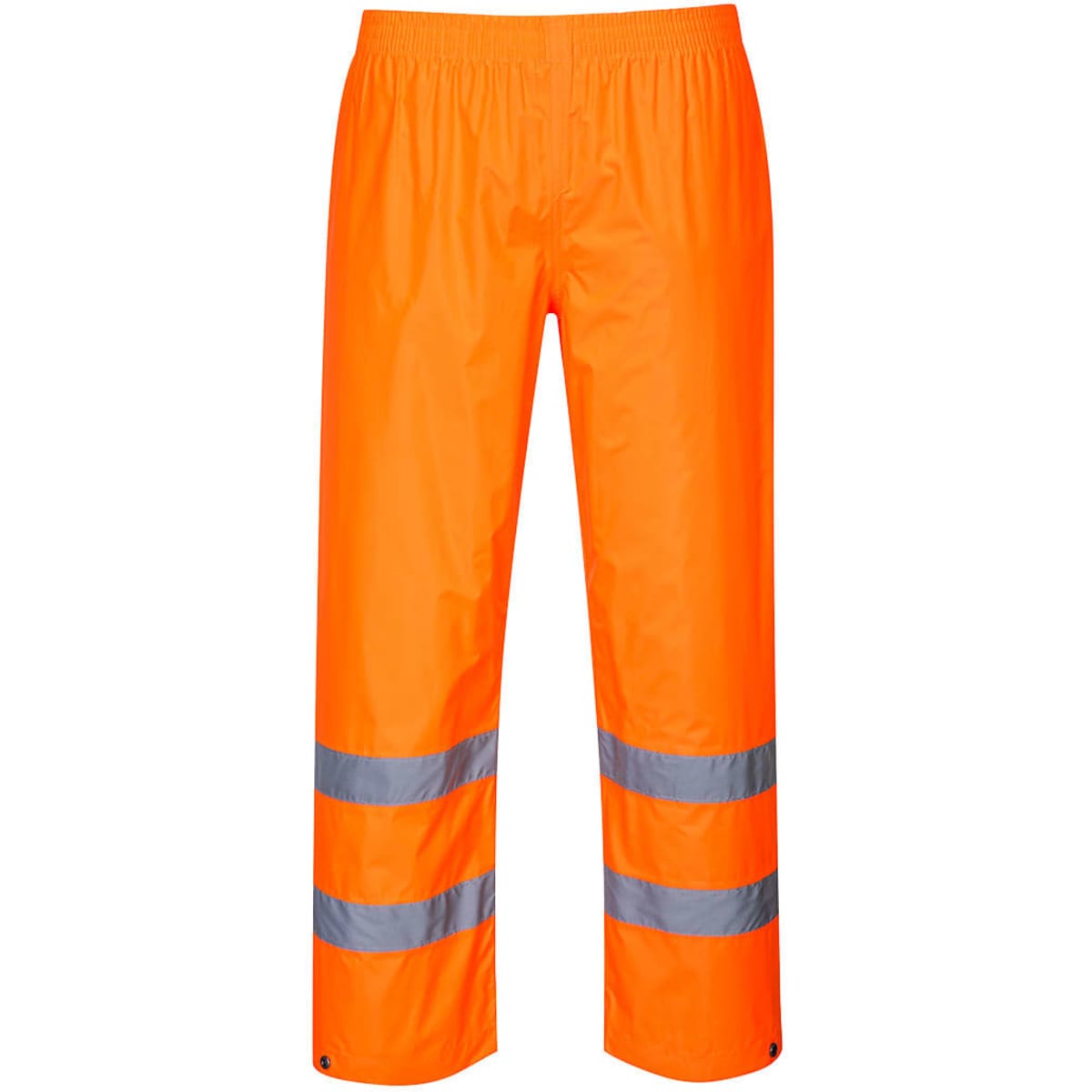Hi-Vis rain trousers in bright orange with reflective stripes for enhanced visibility. Elasticated waist and full-length design.