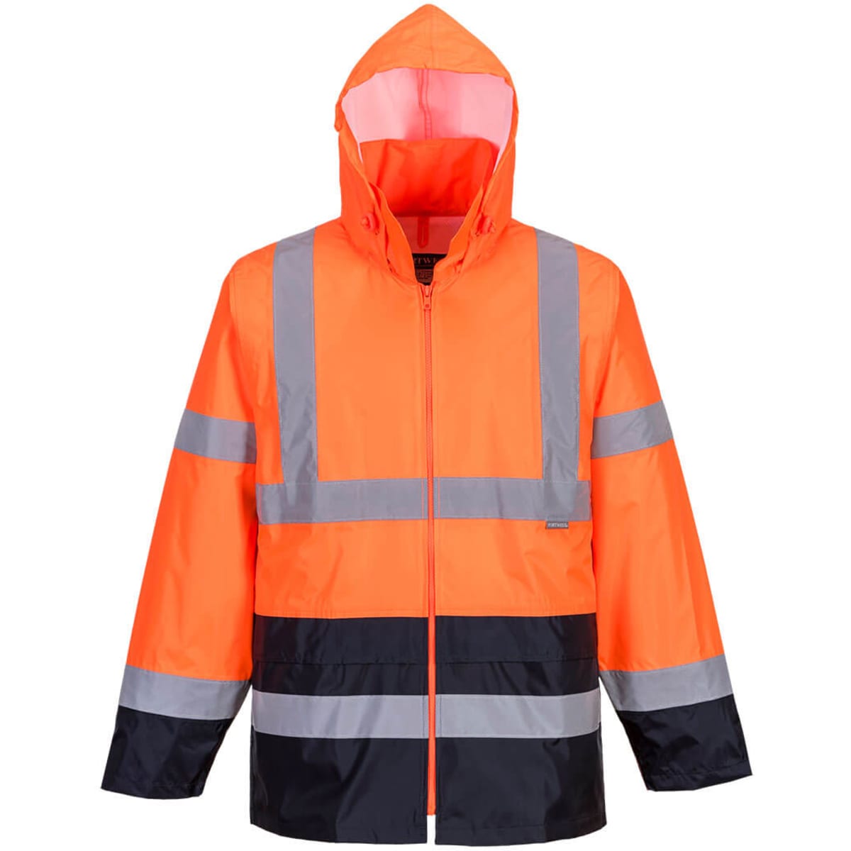 A Hi-Vis classic contrast jacket in bright orange and black, featuring reflective stripes and a hood.