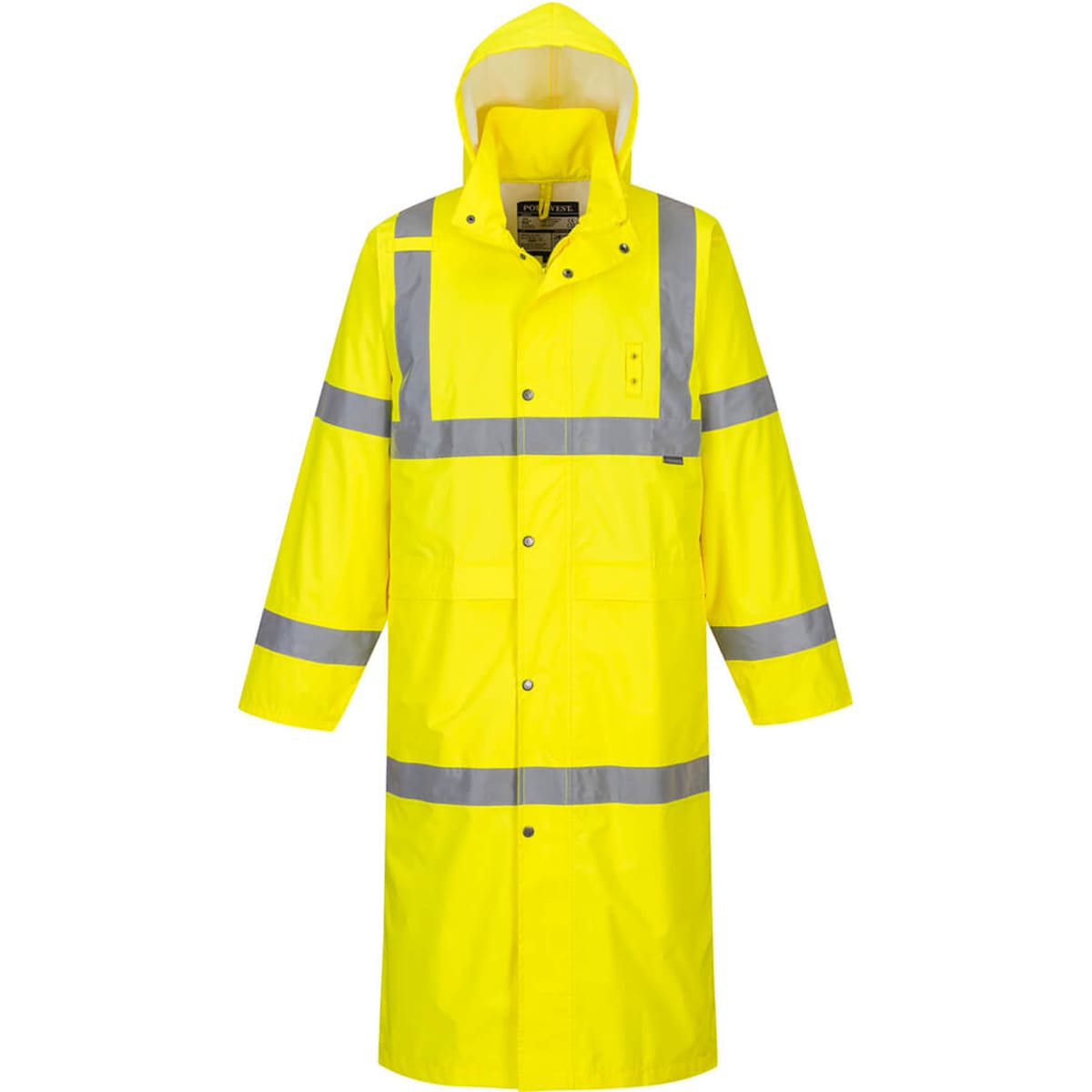 A high-visibility yellow coat with reflective strips, featuring a hood and long sleeves. It has a logo on the front.