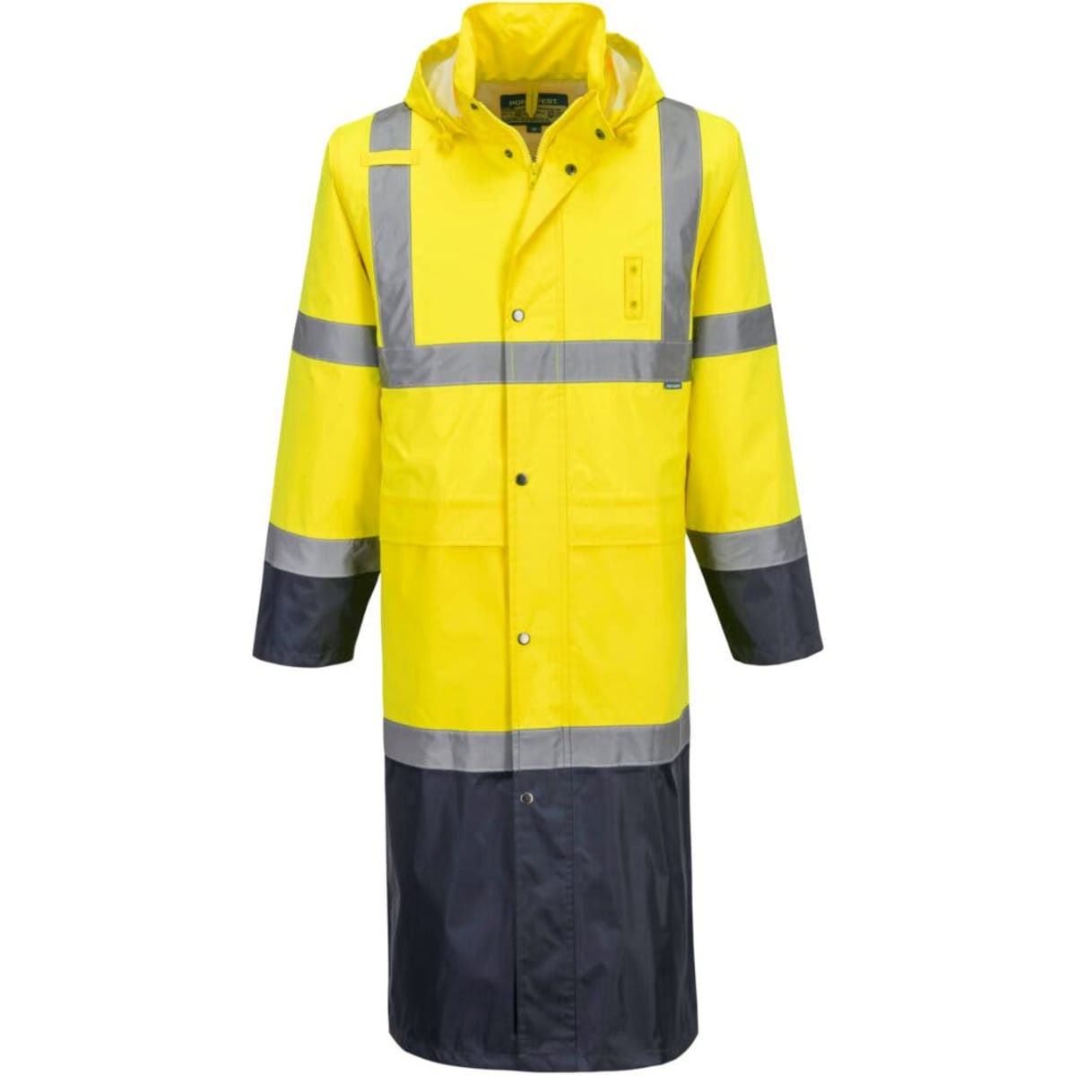 A yellow and navy raincoat with reflective stripes and a hood, featuring a logo on the front.