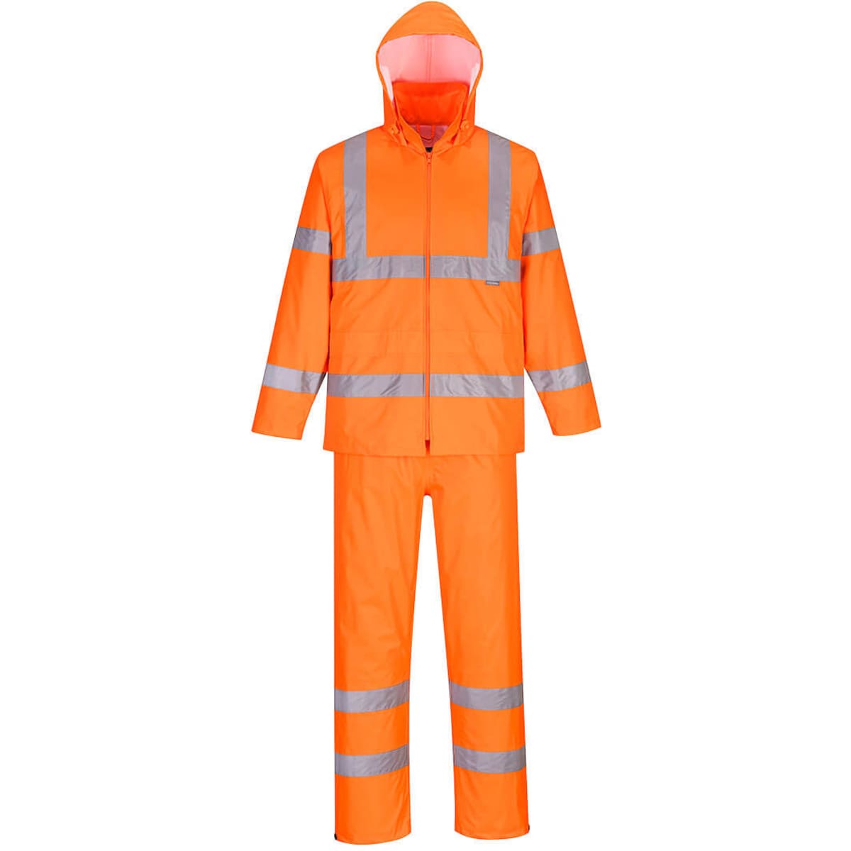 A bright orange Hi-Vis packaway rain suit with reflective stripes, including a hooded jacket and matching pants.
