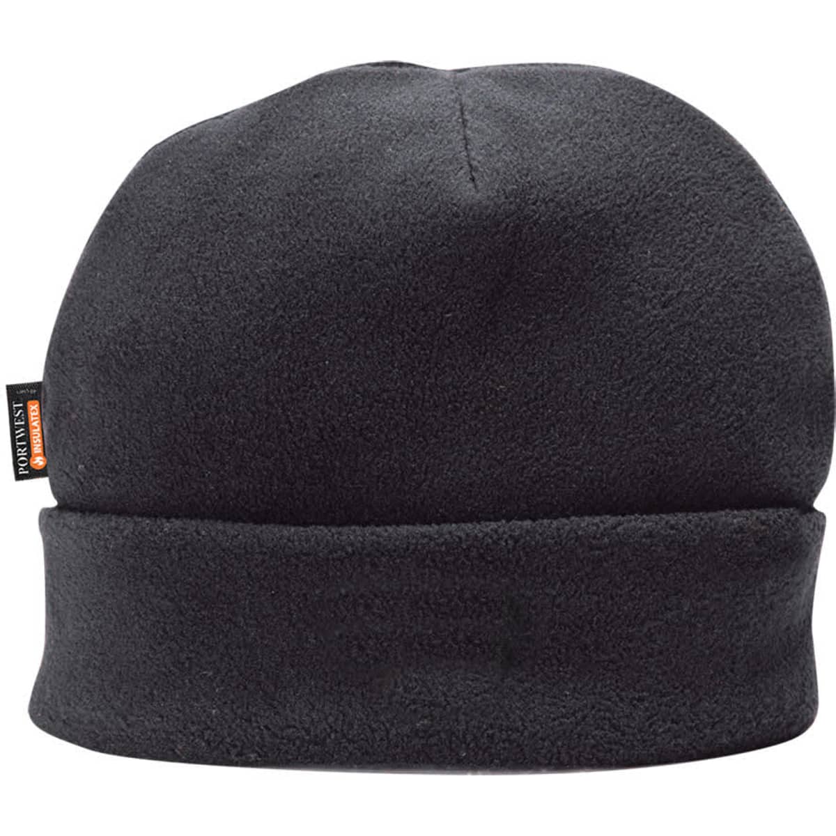 A black fleece beanie featuring a logo. The hat has a rolled cuff design for added warmth.