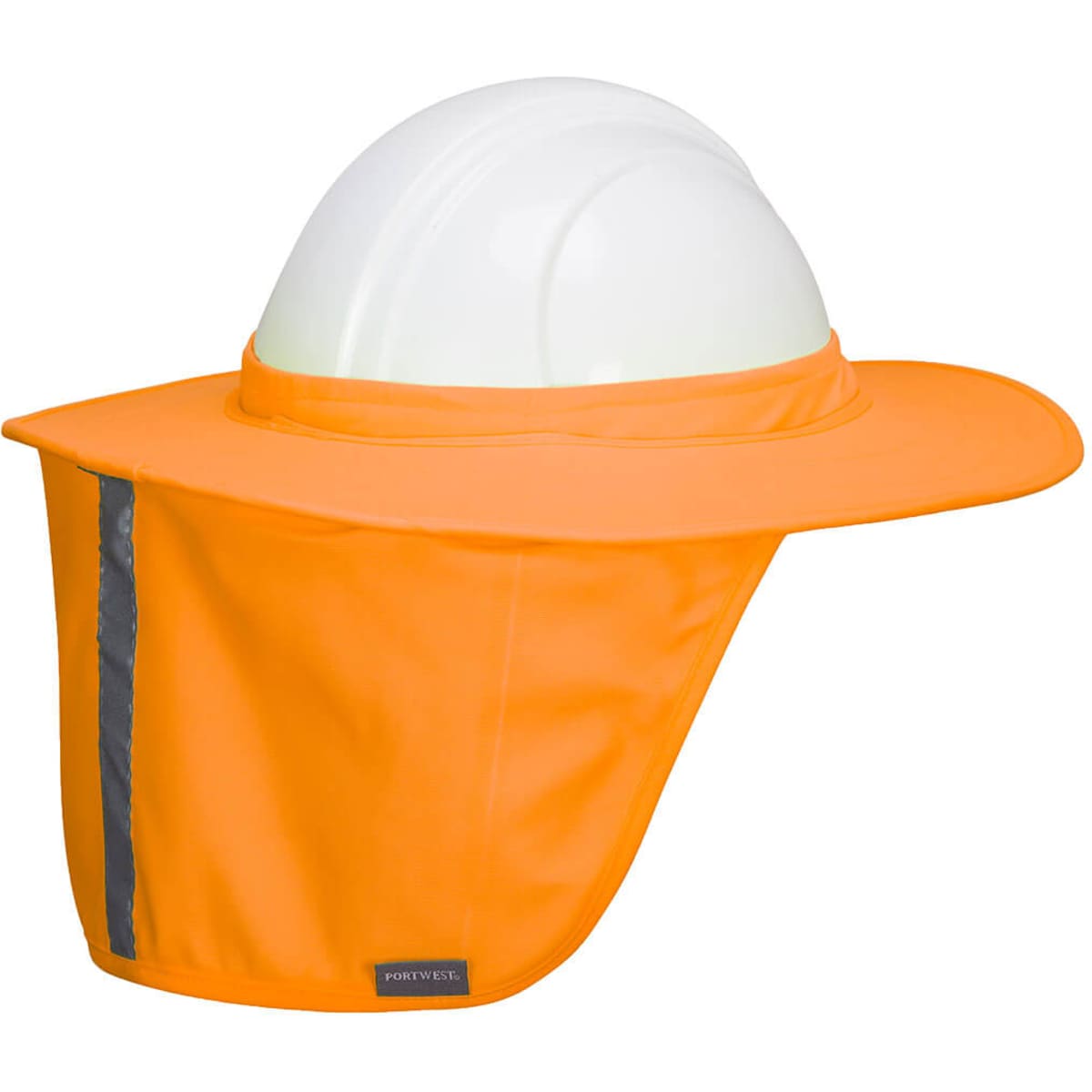 A bright orange full brim shade designed for safety wear, featuring a hard hat and reflective strips.