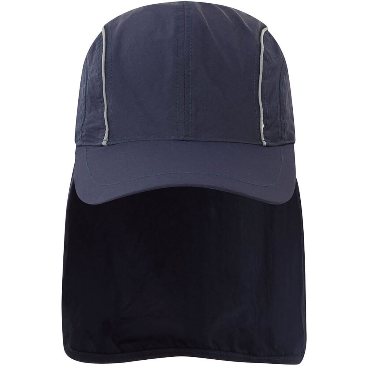 A navy sun cap featuring a wide brim and a neck flap. The cap has reflective detailing and a logo.