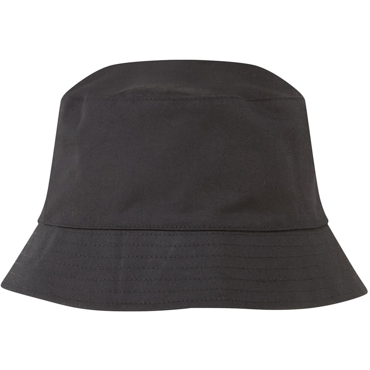 A reversible bucket hat in black, featuring a wide brim and a simple design. It has a logo on one side.