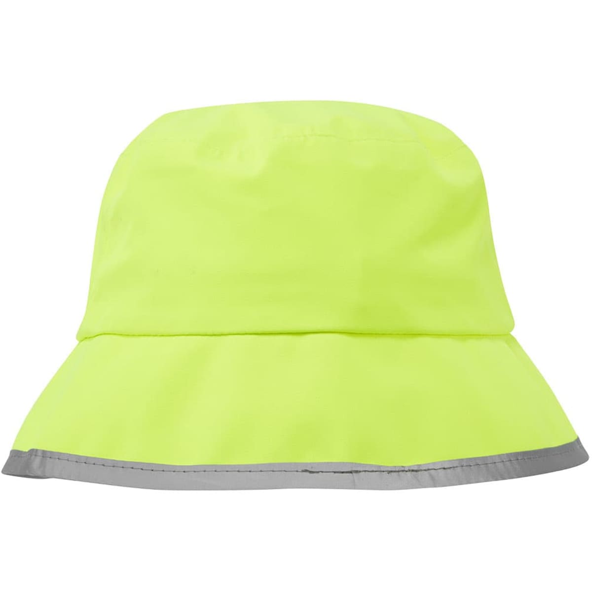 A bright yellow waterproof bucket hat with a grey reflective strip around the brim and a logo on the front.