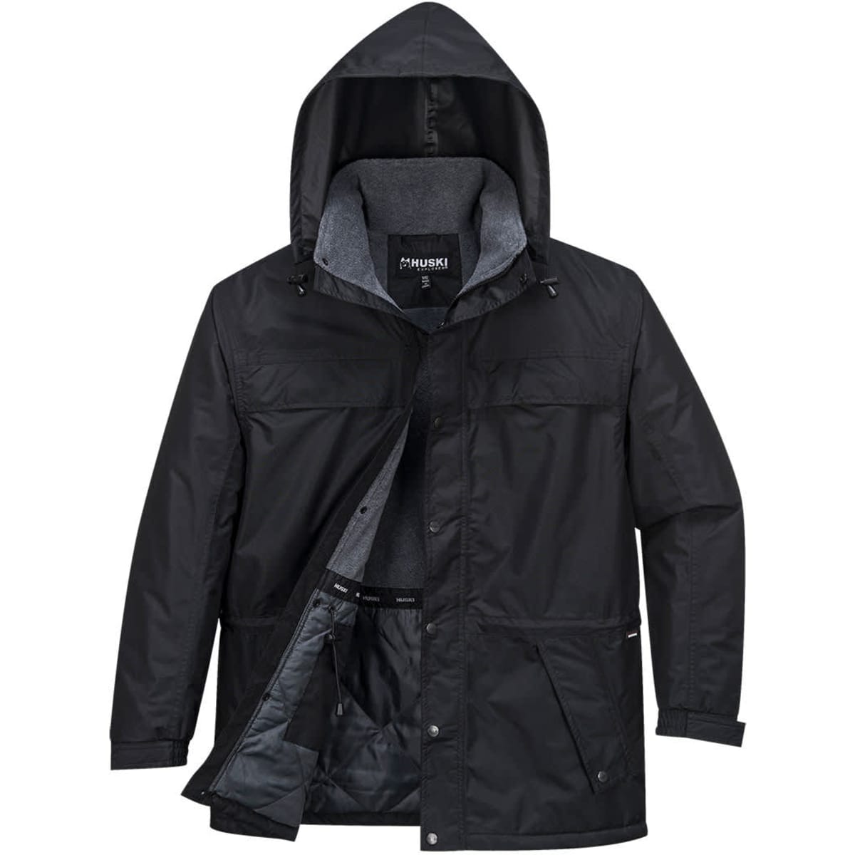 A black puffer jacket with a hood, featuring a zip and button front, and multiple pockets. It has an interior lining.