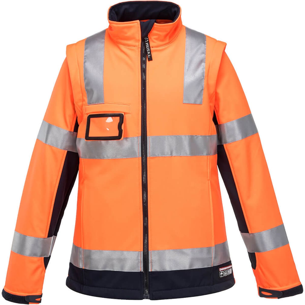 An orange softshell jacket with reflective stripes and a logo on the chest pocket.