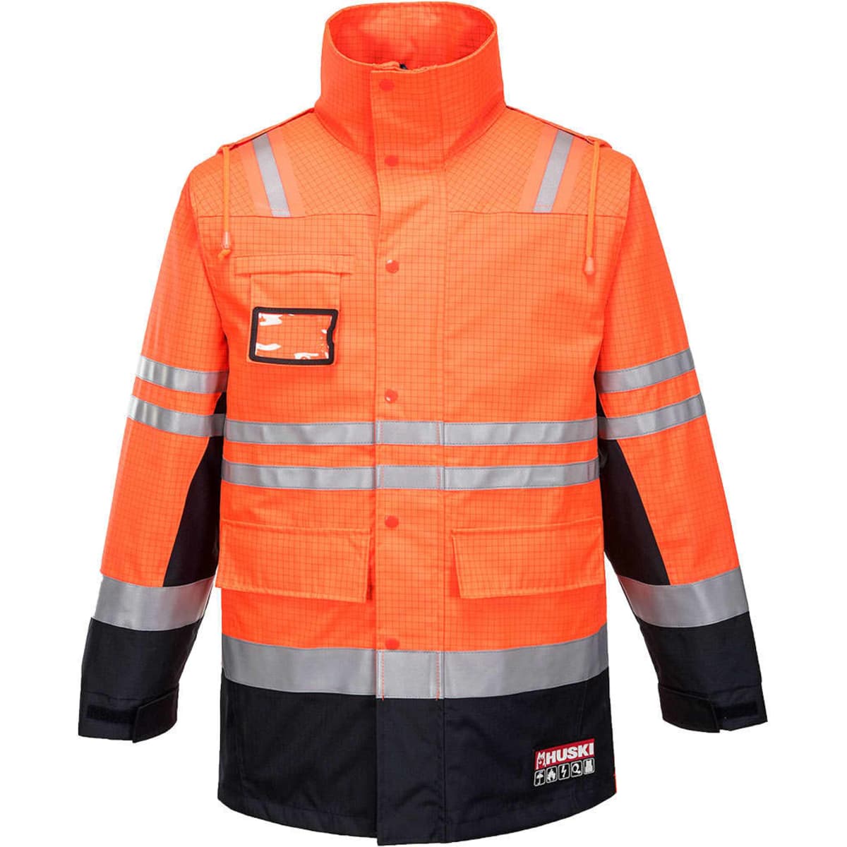 An orange and black safety jacket with reflective strips and a pocket, featuring a logo on the front.