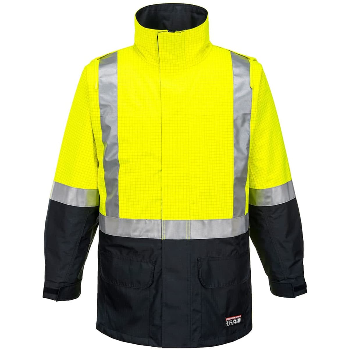 A hi-vis jacket featuring bright yellow and navy blue colours, with reflective strips and a collar. It has a logo.