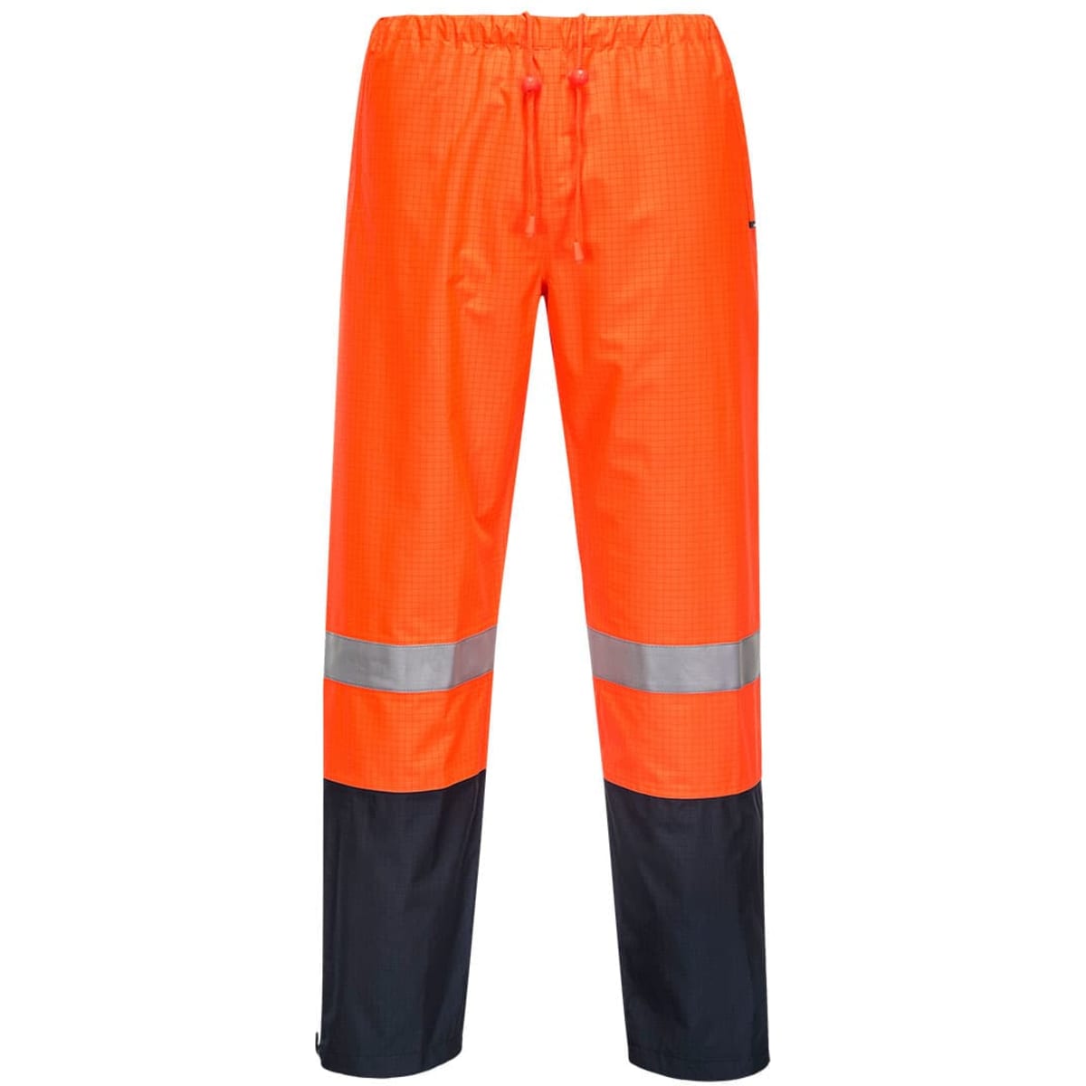 High-visibility orange pants with reflective stripes and a black bottom section, featuring an elasticated waistband.