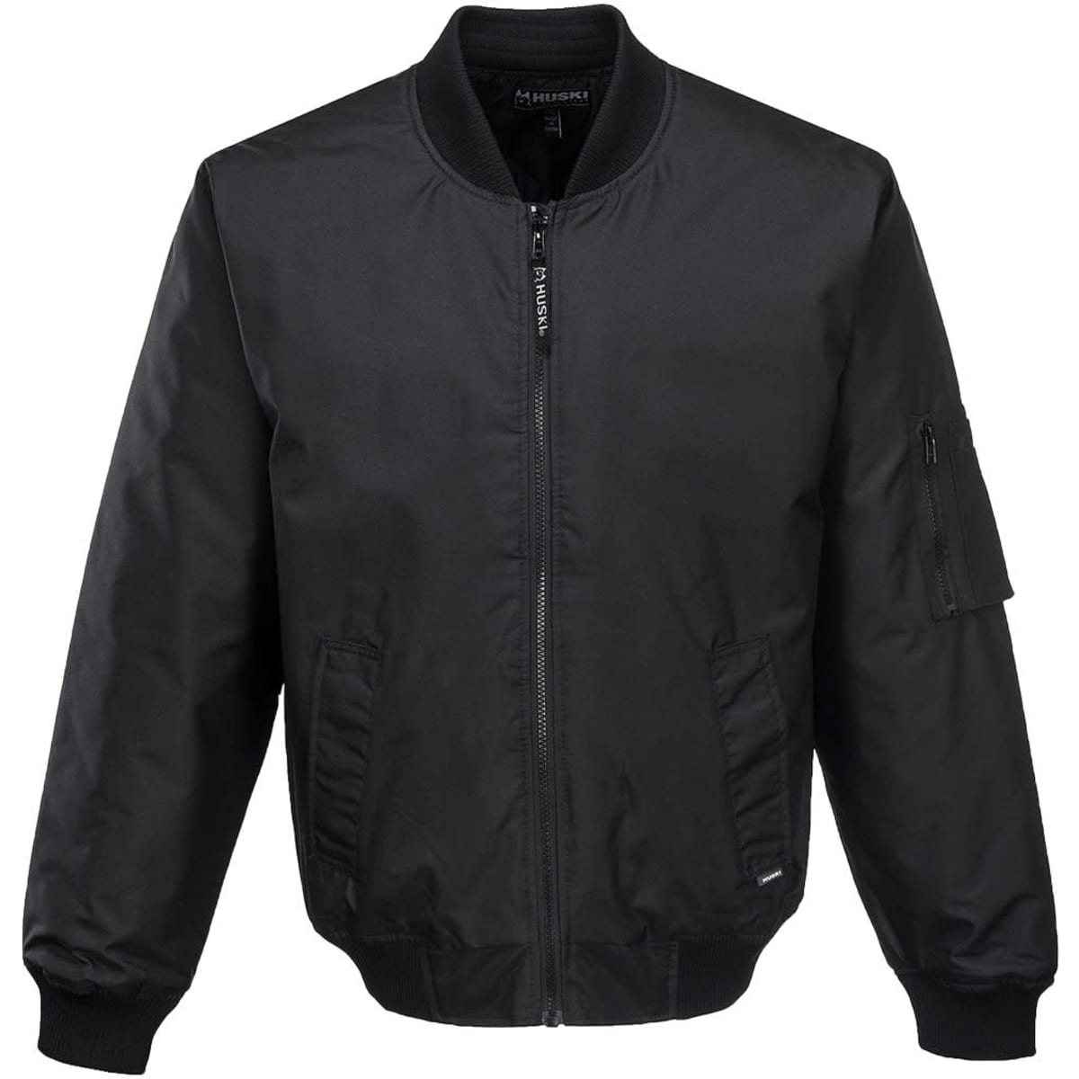 A black jacket with a zip front and a side pocket, featuring a classic bomber style design.