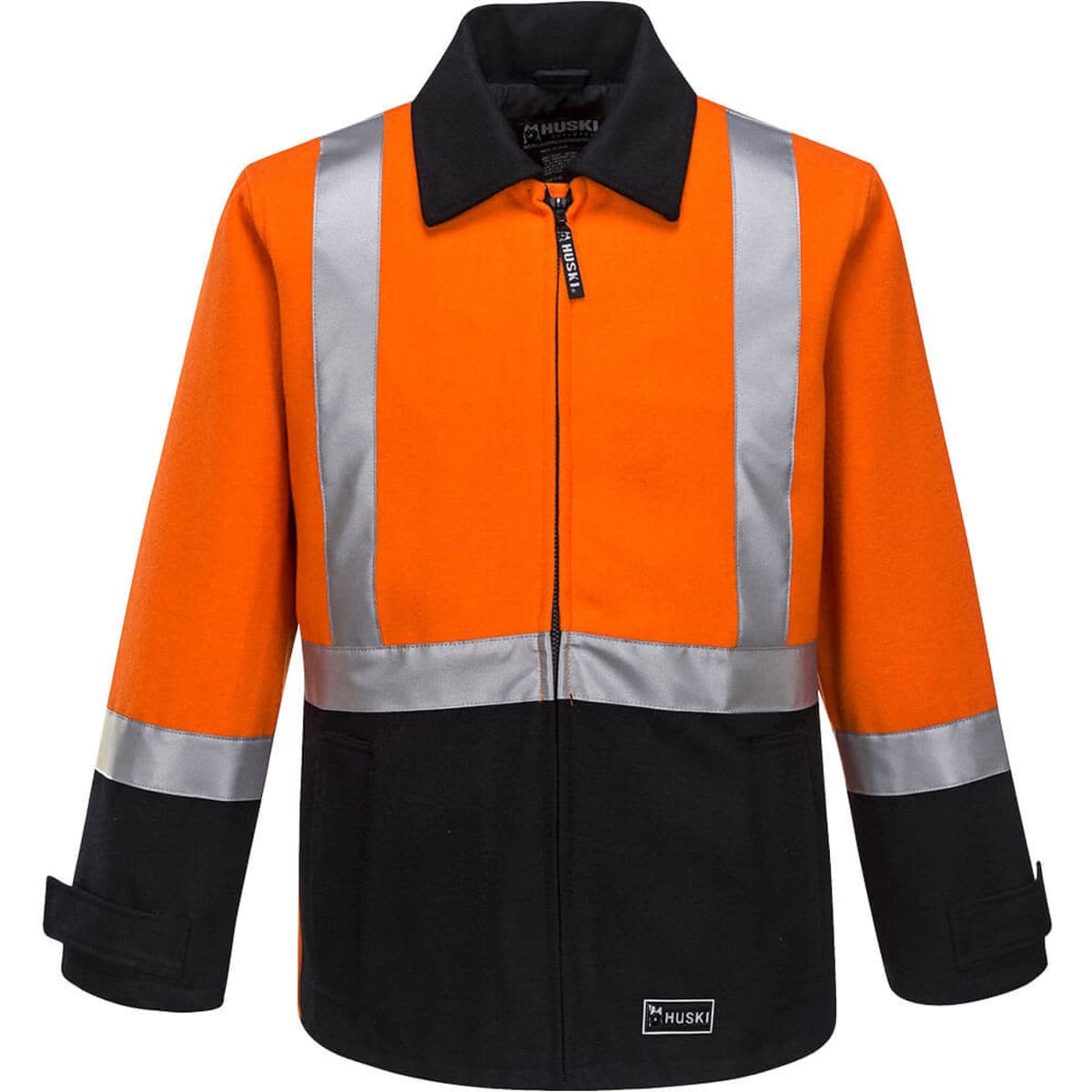 A work jacket featuring a vibrant orange upper with reflective strips and a black lower section, complete with a logo.