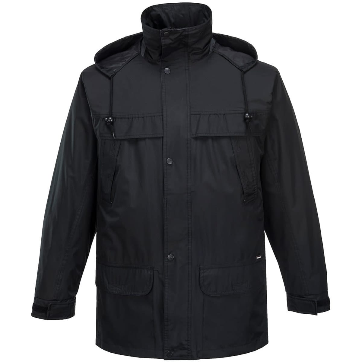 A black classic jacket featuring a hood, multiple pockets, and a front button closure. It includes a logo on the fabric.