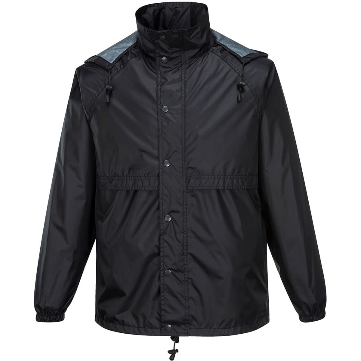 A black packable jacket featuring a front zipper, elastic cuffs, and a hood, with a logo on the chest.