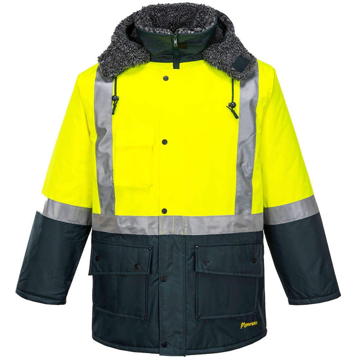 A bright yellow and dark green freezer jacket with reflective stripes and a fur-lined hood. It includes multiple pockets and has a logo.