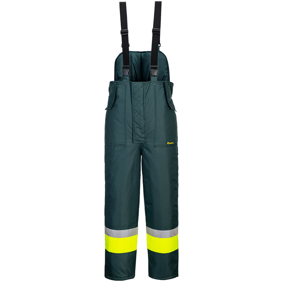 A green waterproof bib and brace with reflective yellow stripes, featuring adjustable black suspenders.