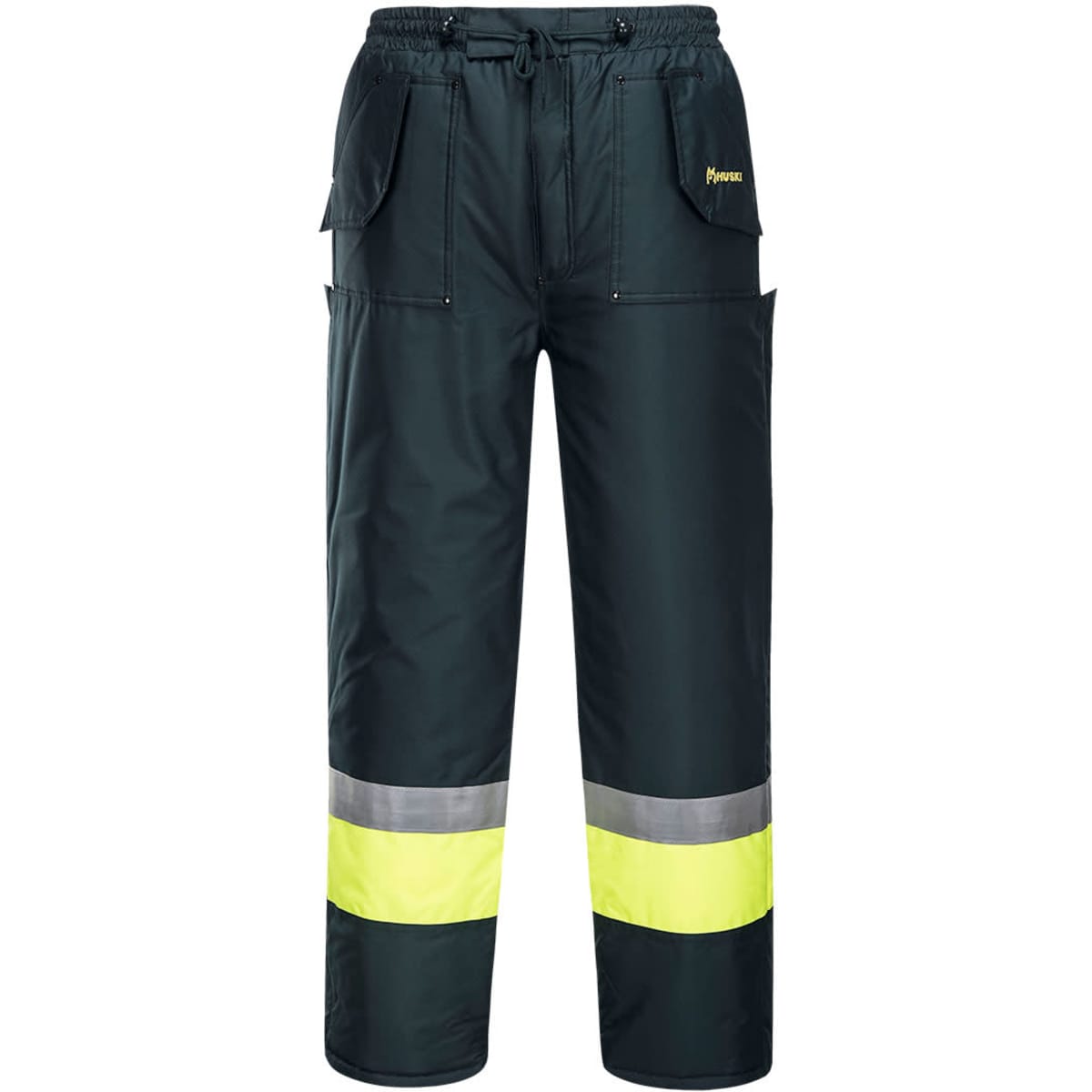Work pants in dark green with reflective yellow stripes and multiple pockets. Features an elastic drawstring waist and branding.