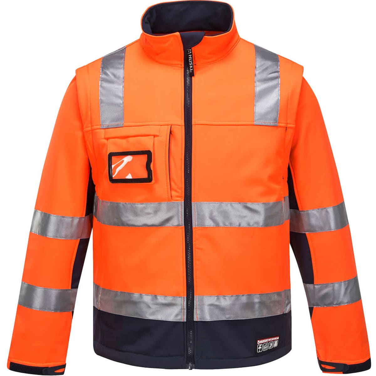 An orange softshell jacket featuring reflective stripes and a chest pocket. The jacket has a logo on it.