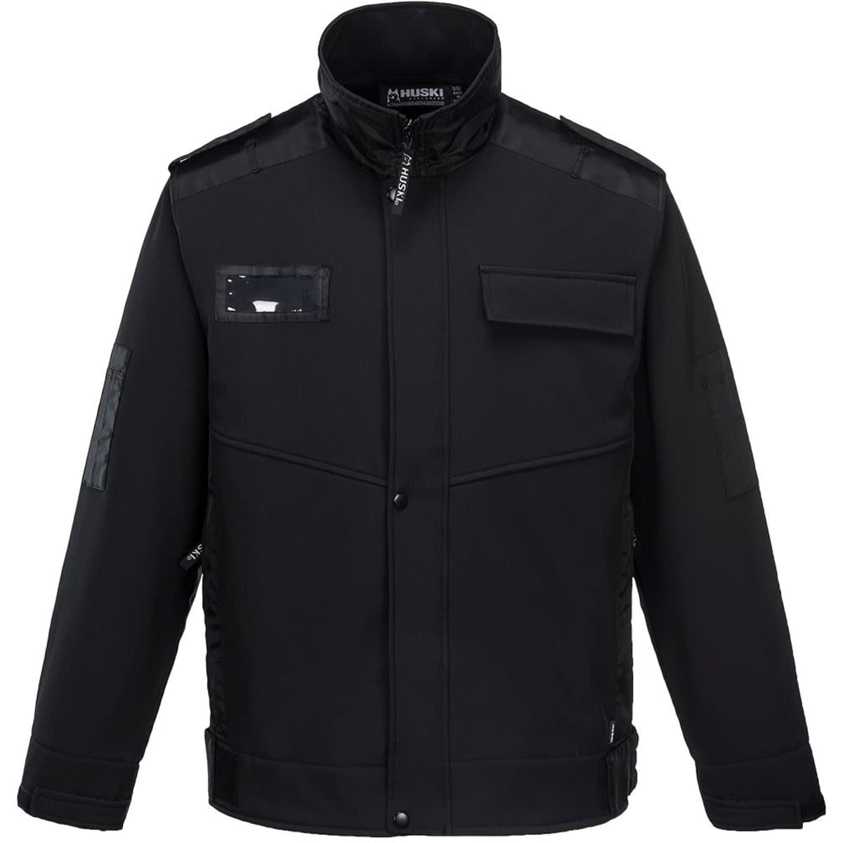 A black softshell jacket with pockets and a collar, featuring a logo.