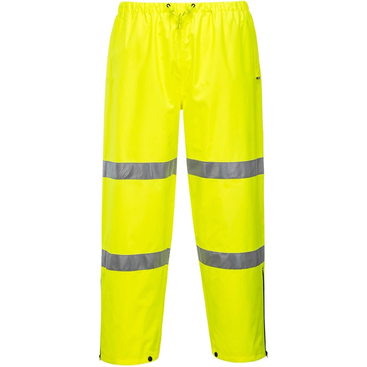 Bright yellow pants featuring reflective stripes, designed for visibility, with an elastic waist and adjustable toggles.