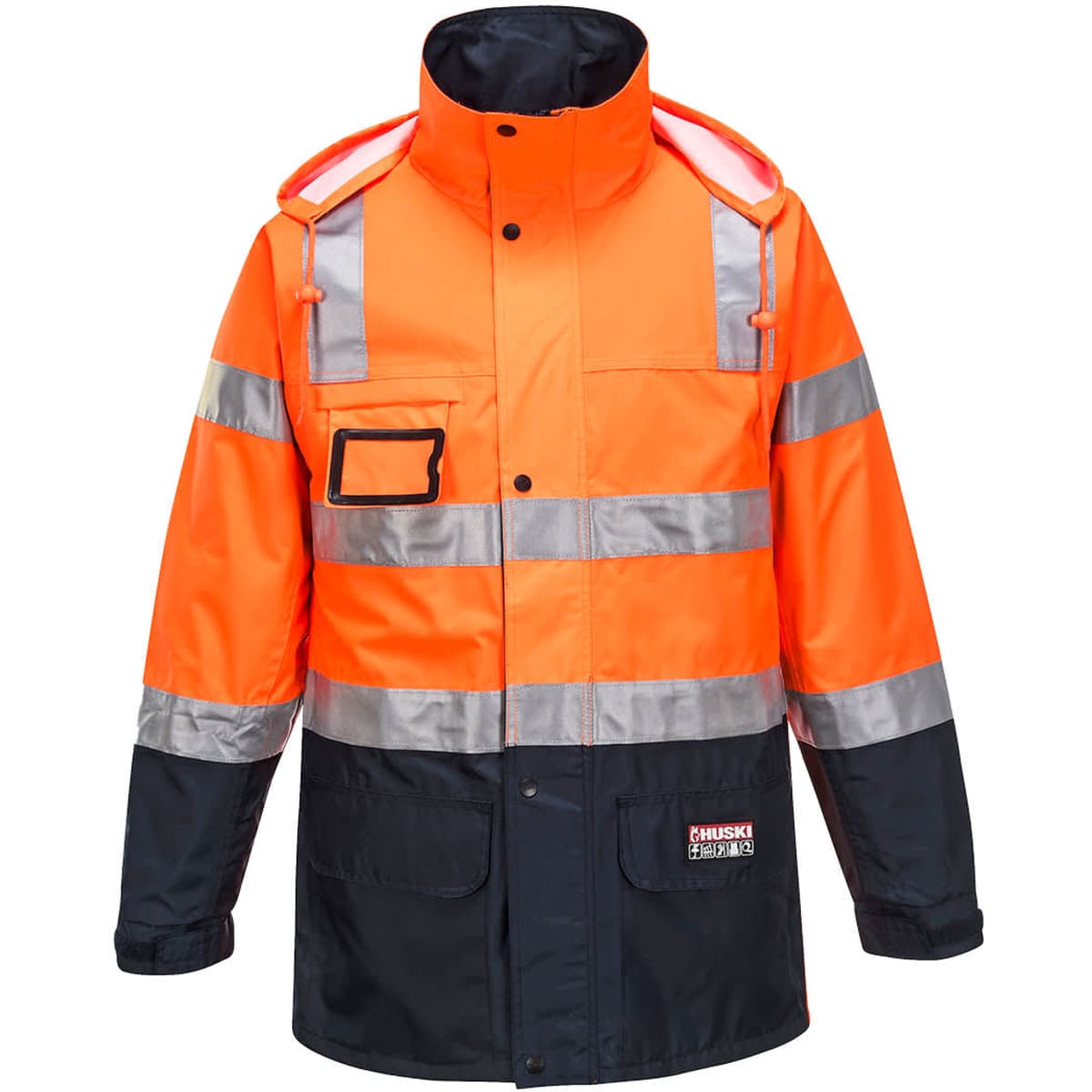 A high-visibility rain jacket in orange and navy, featuring reflective stripes and one chest pocket.