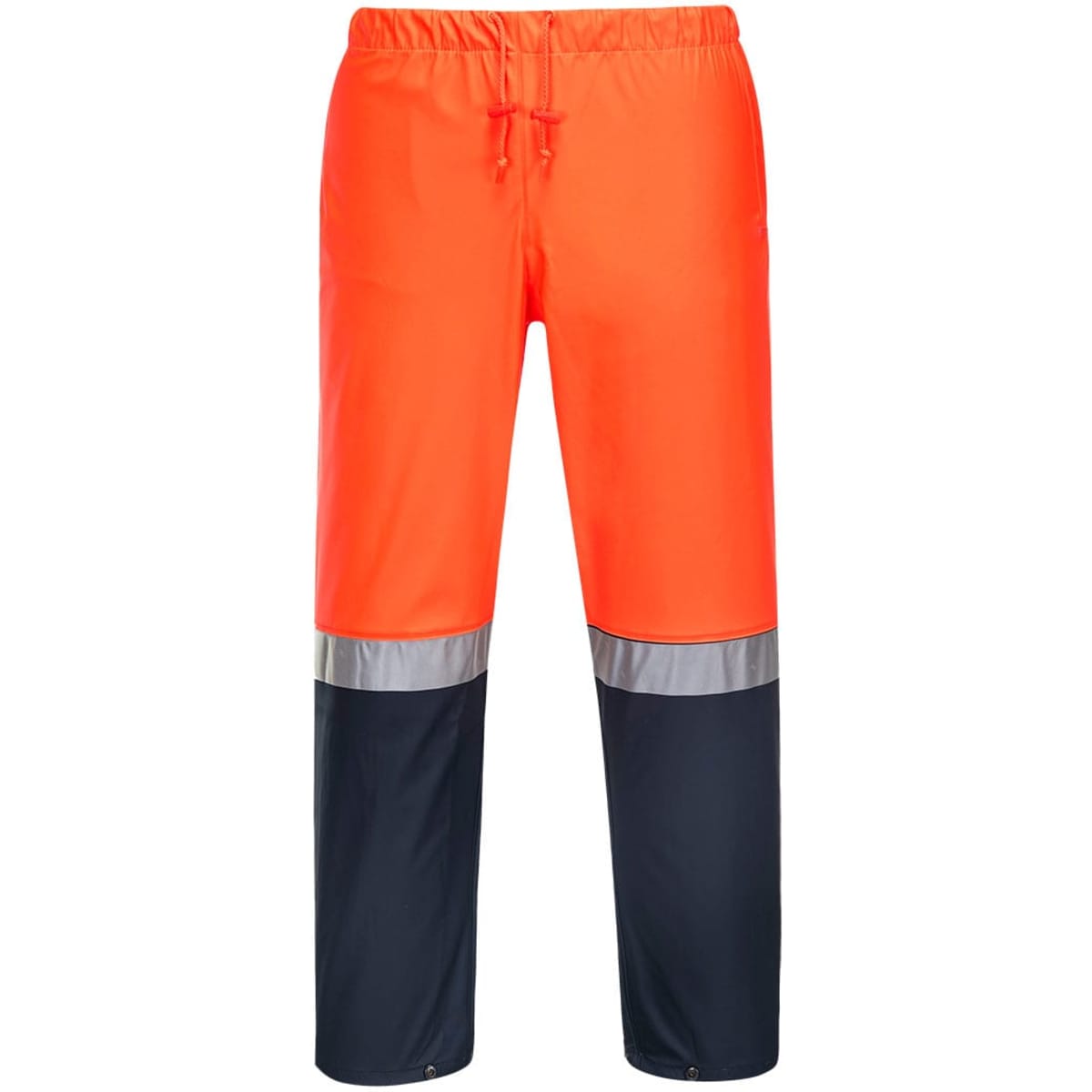 Hi-Vis pants in bright orange with reflective stripes and navy panels, featuring an elasticised waistband.