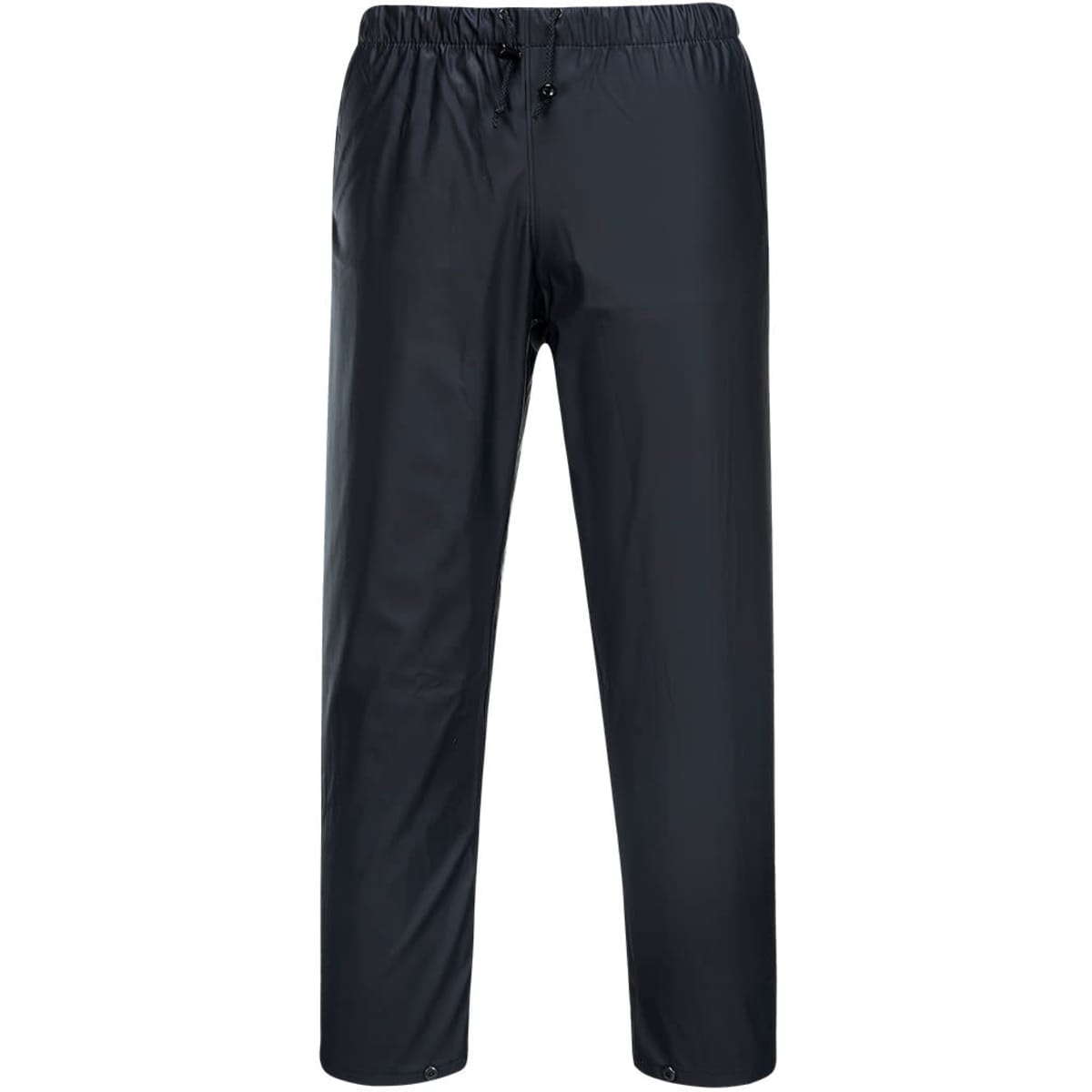 A pair of black, waterproof farmer's pants featuring an elastic waistband and drawstring, with a logo.