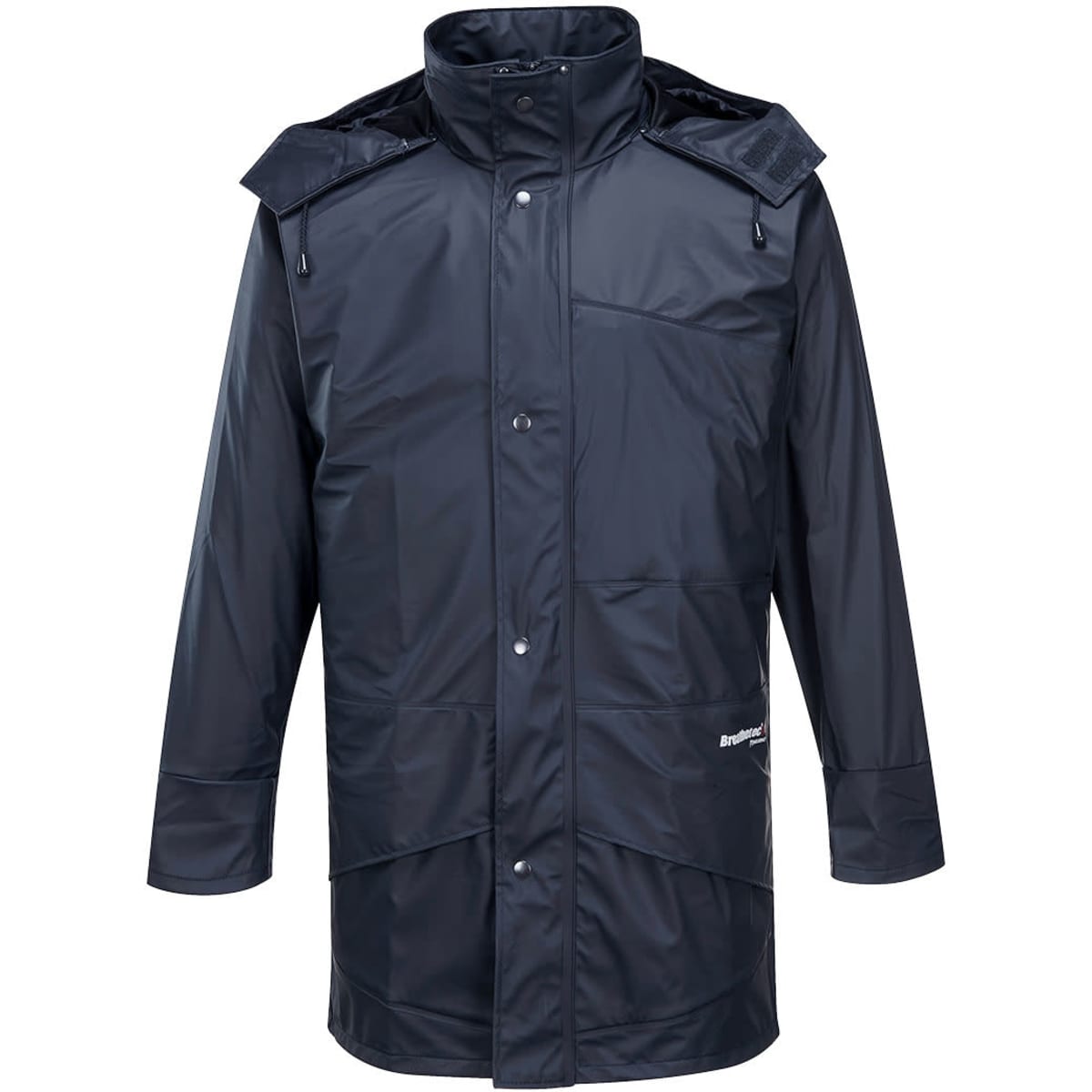 A navy Huski Farmers Jacket with a hood and multiple pockets, featuring a logo on the front.