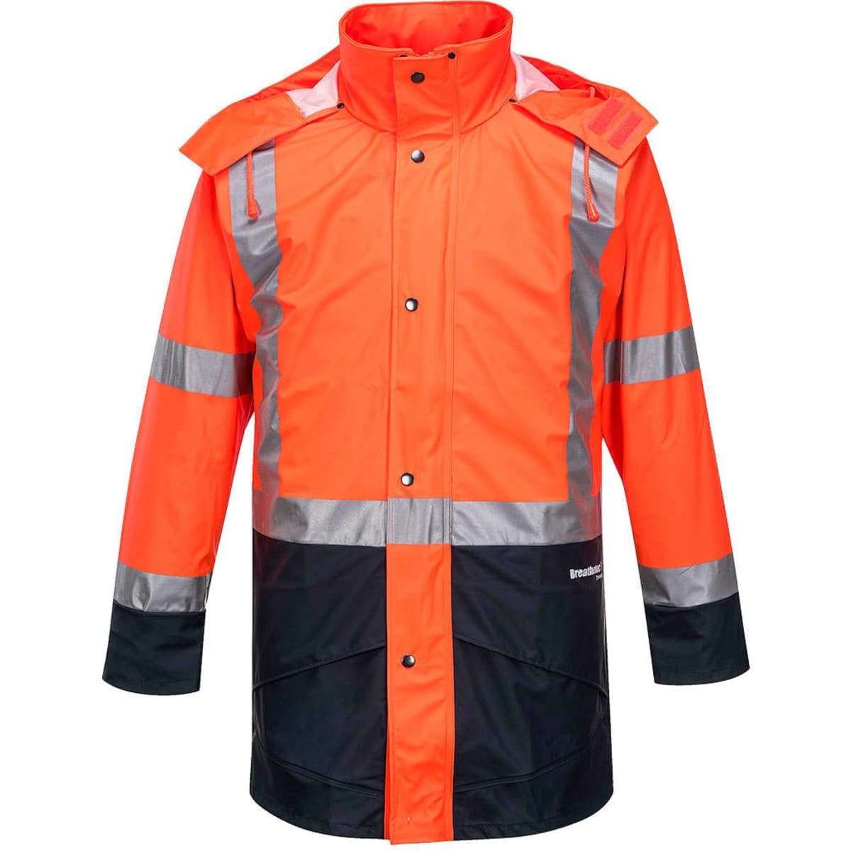 A hi-vis jacket in bright orange with reflective strips and a black base, featuring a logo. Ideal for workwear.