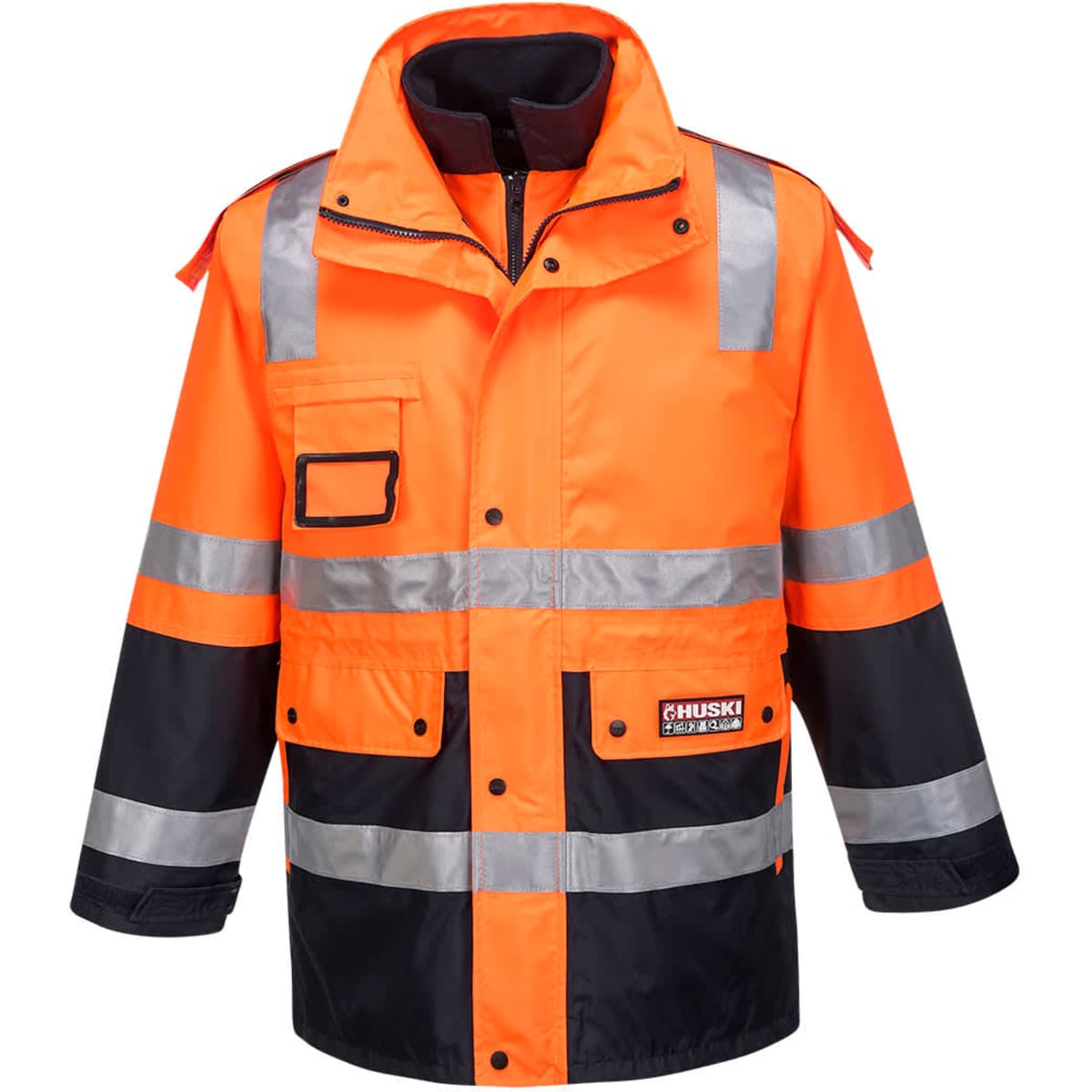 An orange and navy jacket featuring reflective strips, with multiple pockets and a logo.