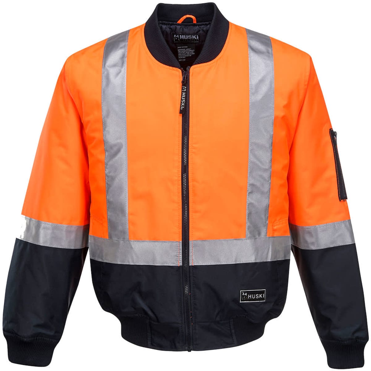 A high-visibility bomber jacket in bright orange with silver reflective stripes and black accents, featuring a logo.