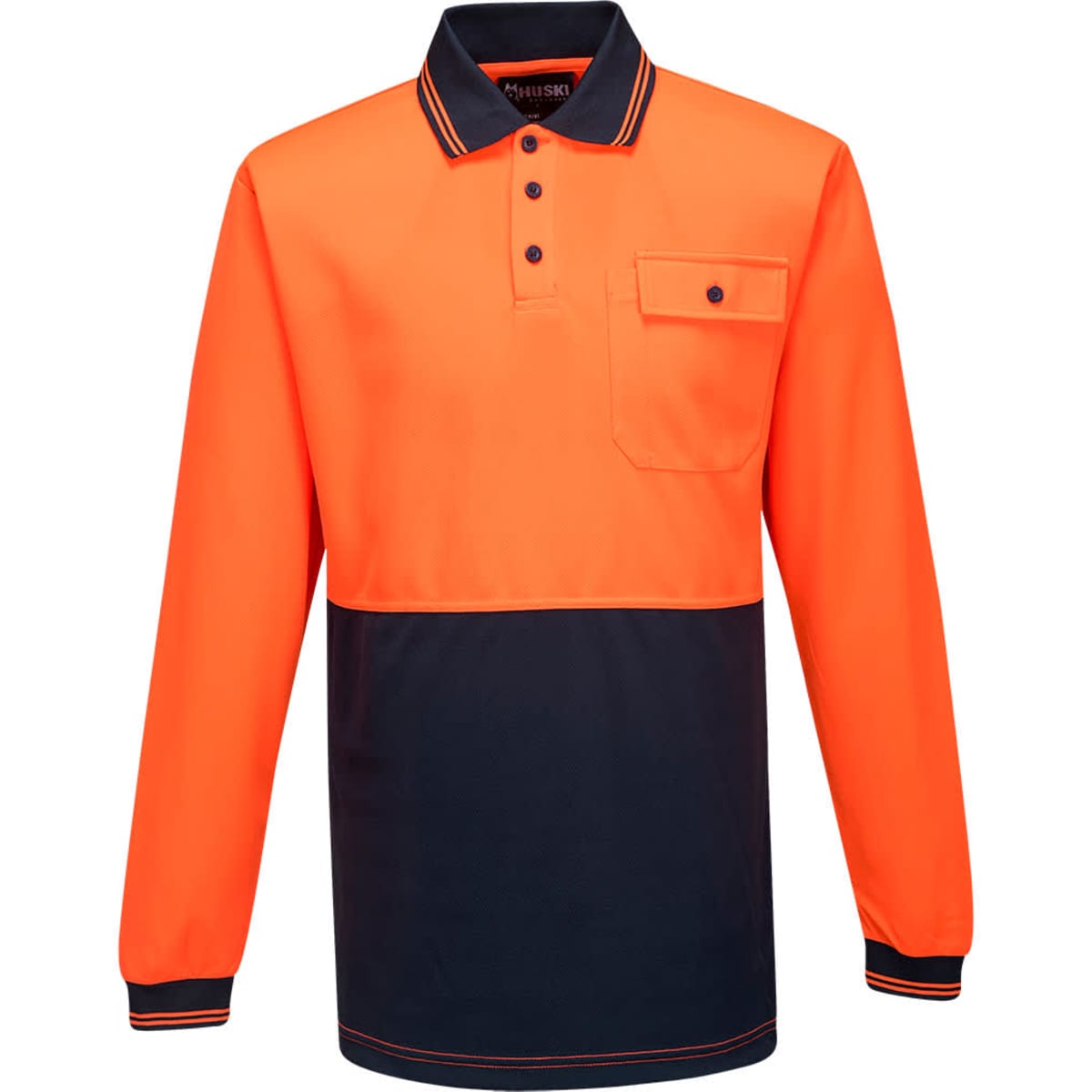 A long sleeve polo shirt in high-visibility orange with a navy blue bottom section and a chest pocket.