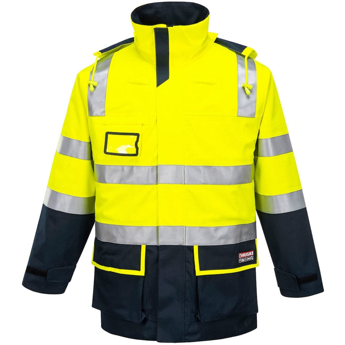 A hi-vis yellow and navy work jacket with reflective stripes and a logo on the front.