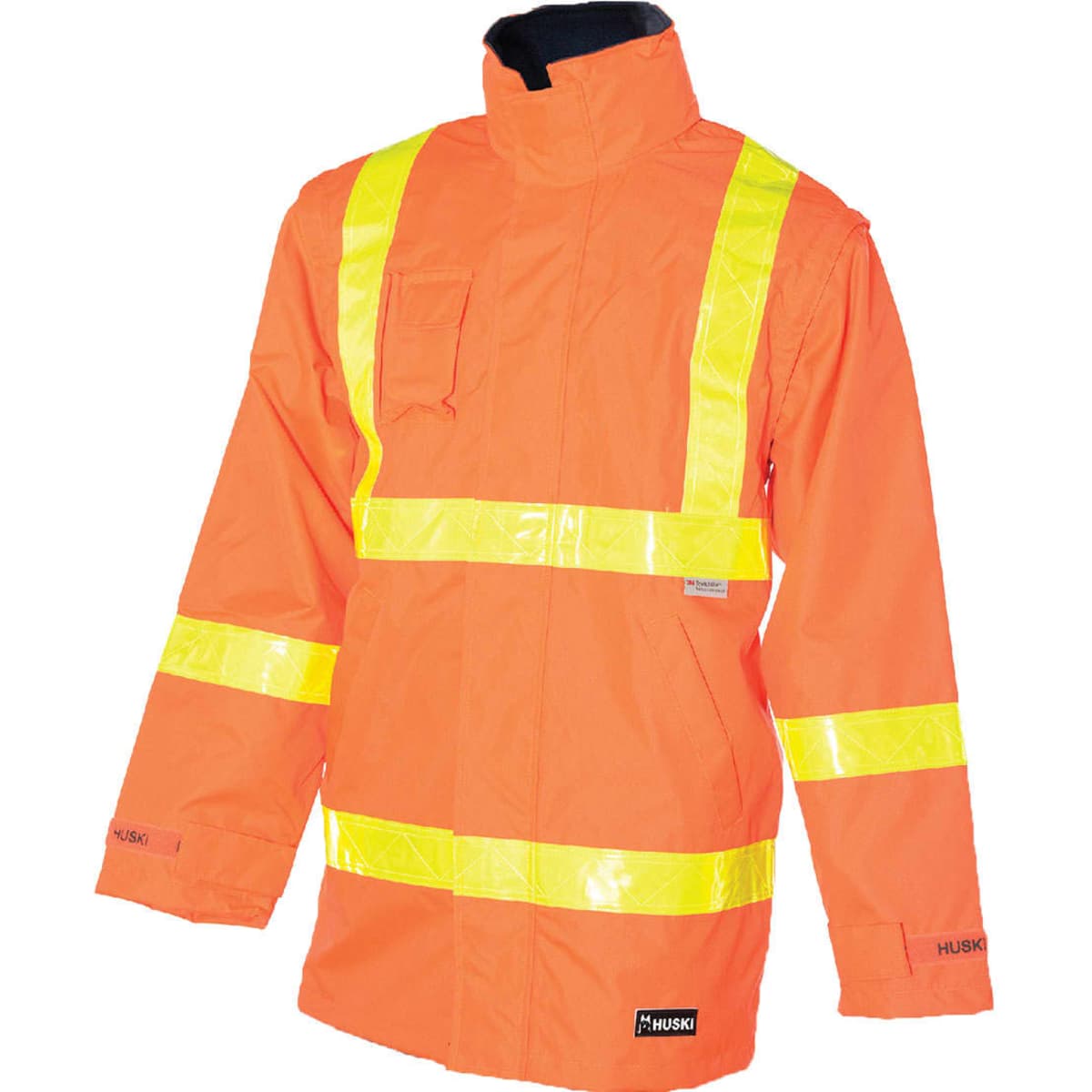 A bright orange jacket with reflective yellow stripes and a collar, featuring a branding logo on the front.
