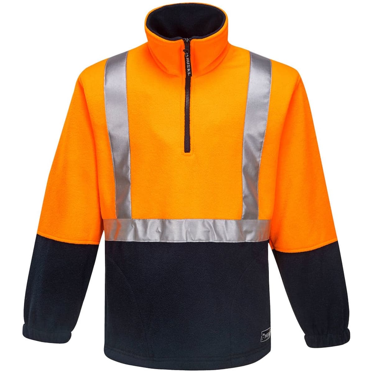 A bright orange and navy fleece top with reflective strips and a half-zip collar. It has a logo on the sleeve.