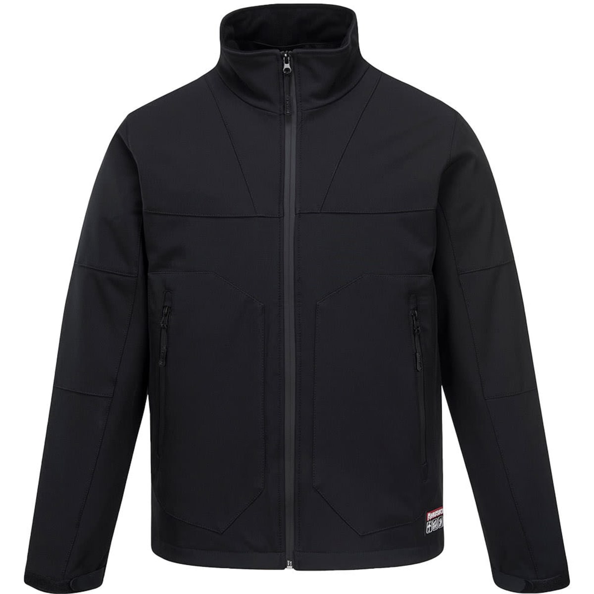 A black Nero Softshell Jacket with a zippered front and two side pockets, featuring a branding logo.