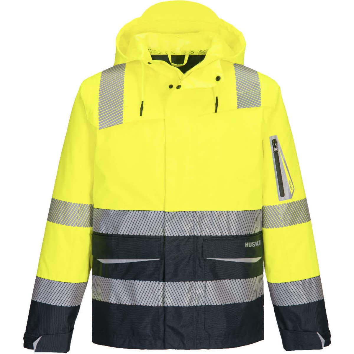 Hi-vis men's shell jacket in yellow with reflective stripes and a hood, featuring zippered pockets and a logo.