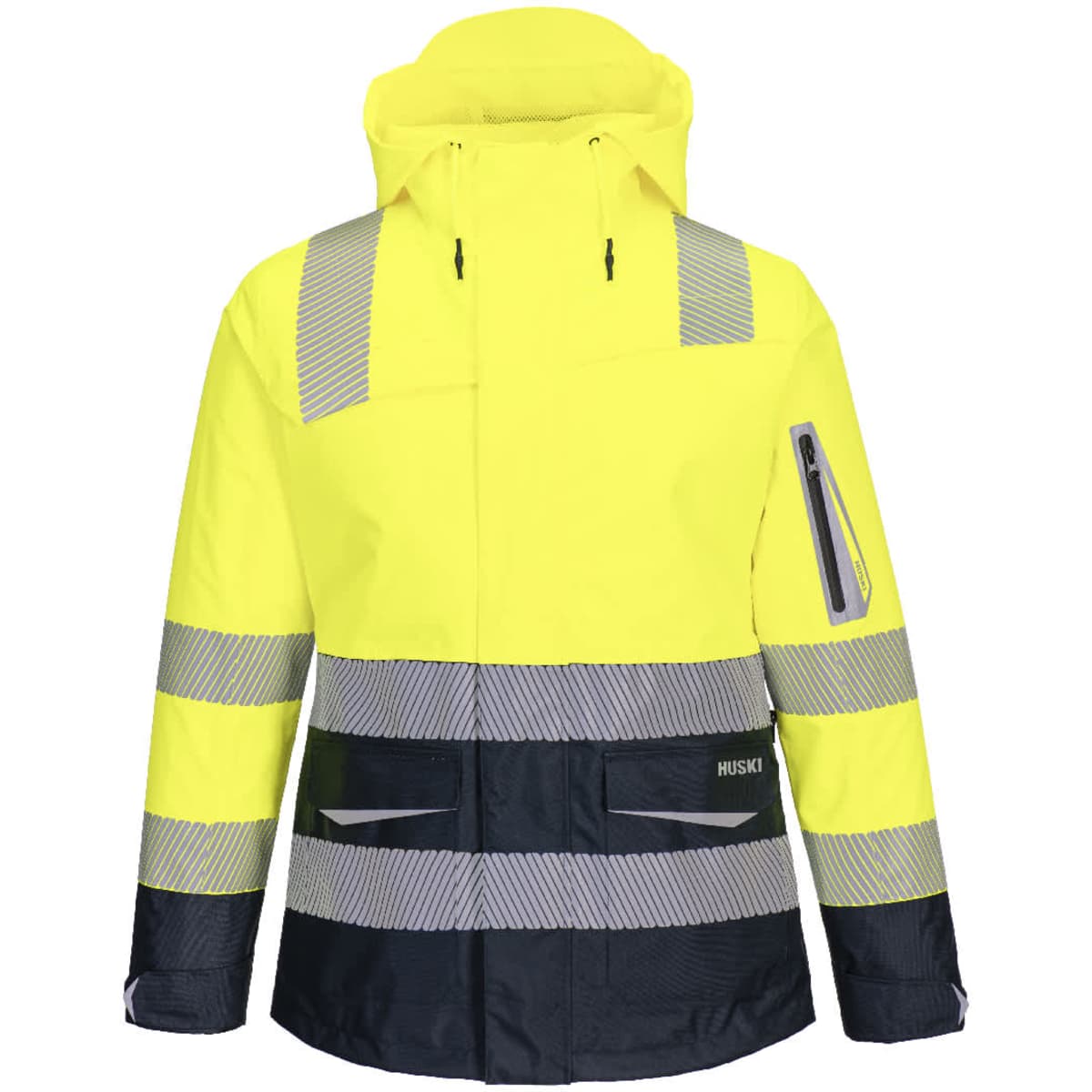 A high-visibility women's shell jacket in bright yellow with reflective stripes and a navy blue lower section.