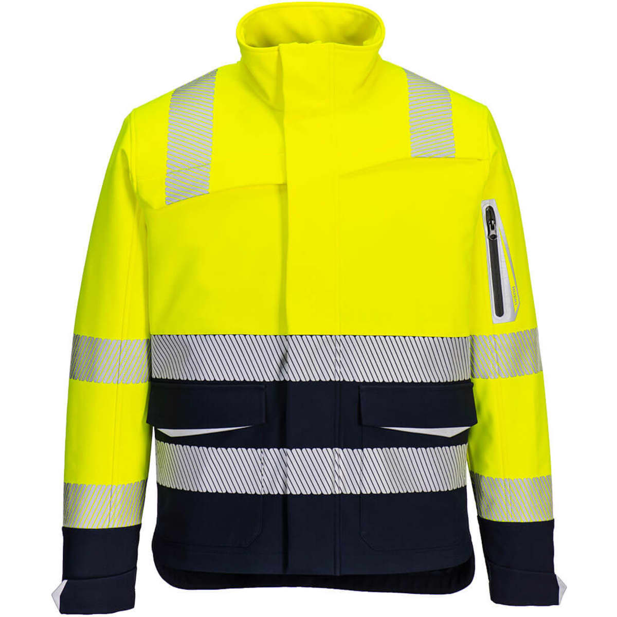 A high-visibility softshell jacket in bright yellow with reflective strips and navy accents, featuring a zip pocket and branding.