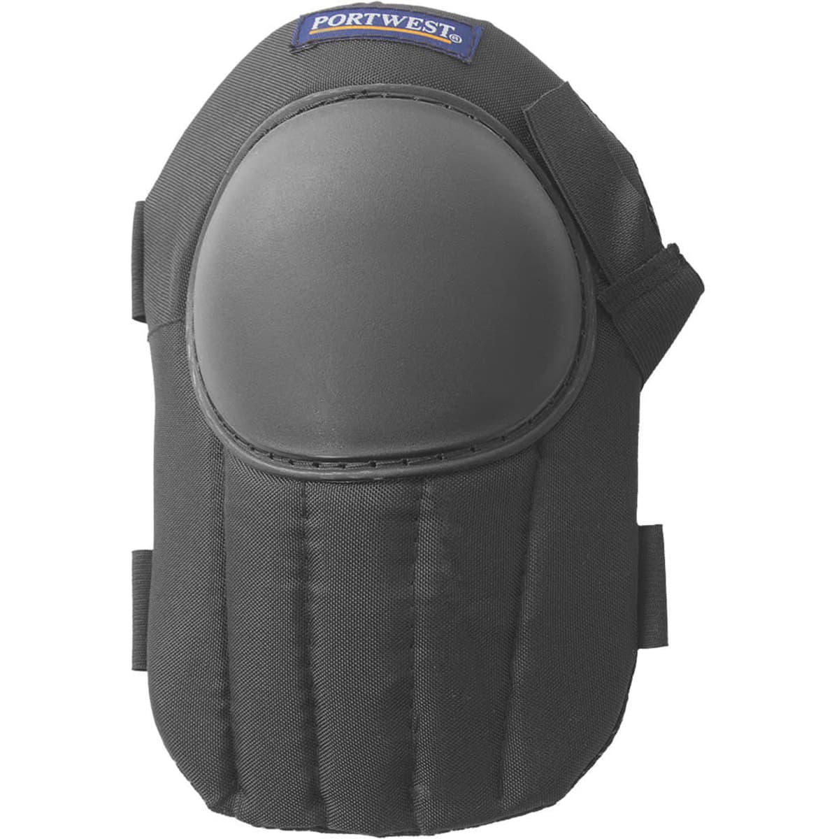 A black lightweight kneepad featuring a padded surface and adjustable straps, with a logo at the top.