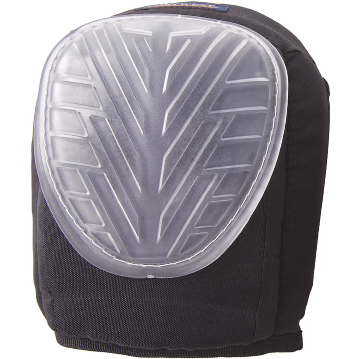 A gel-filled kneepad with a black fabric exterior and a clear protective overlay featuring a tread pattern.