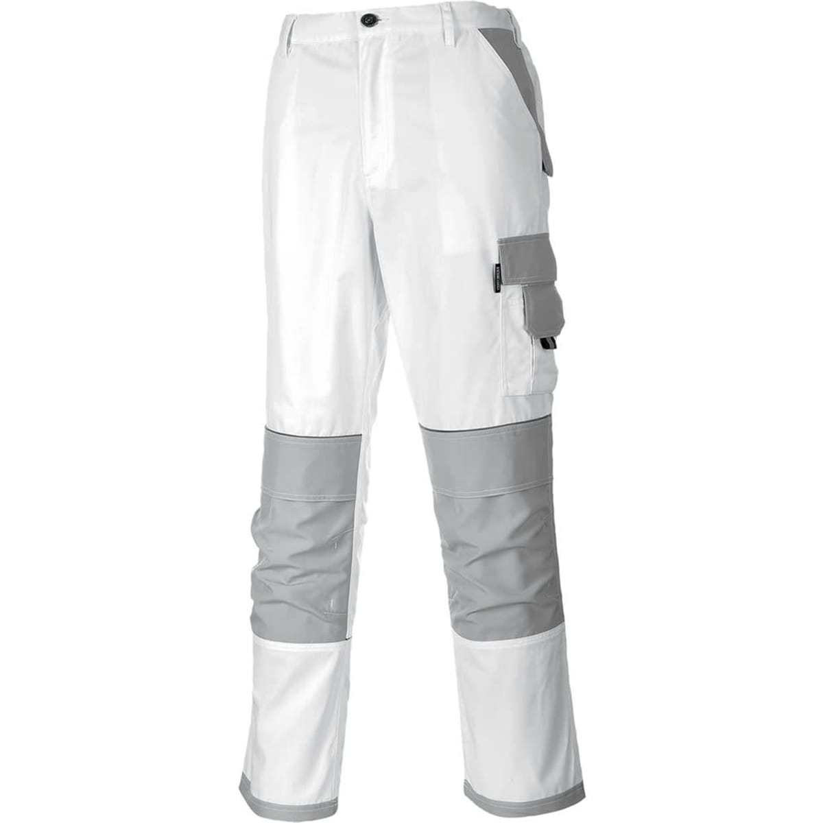 A pair of white trousers with grey accents, featuring multiple pockets and a relaxed fit.