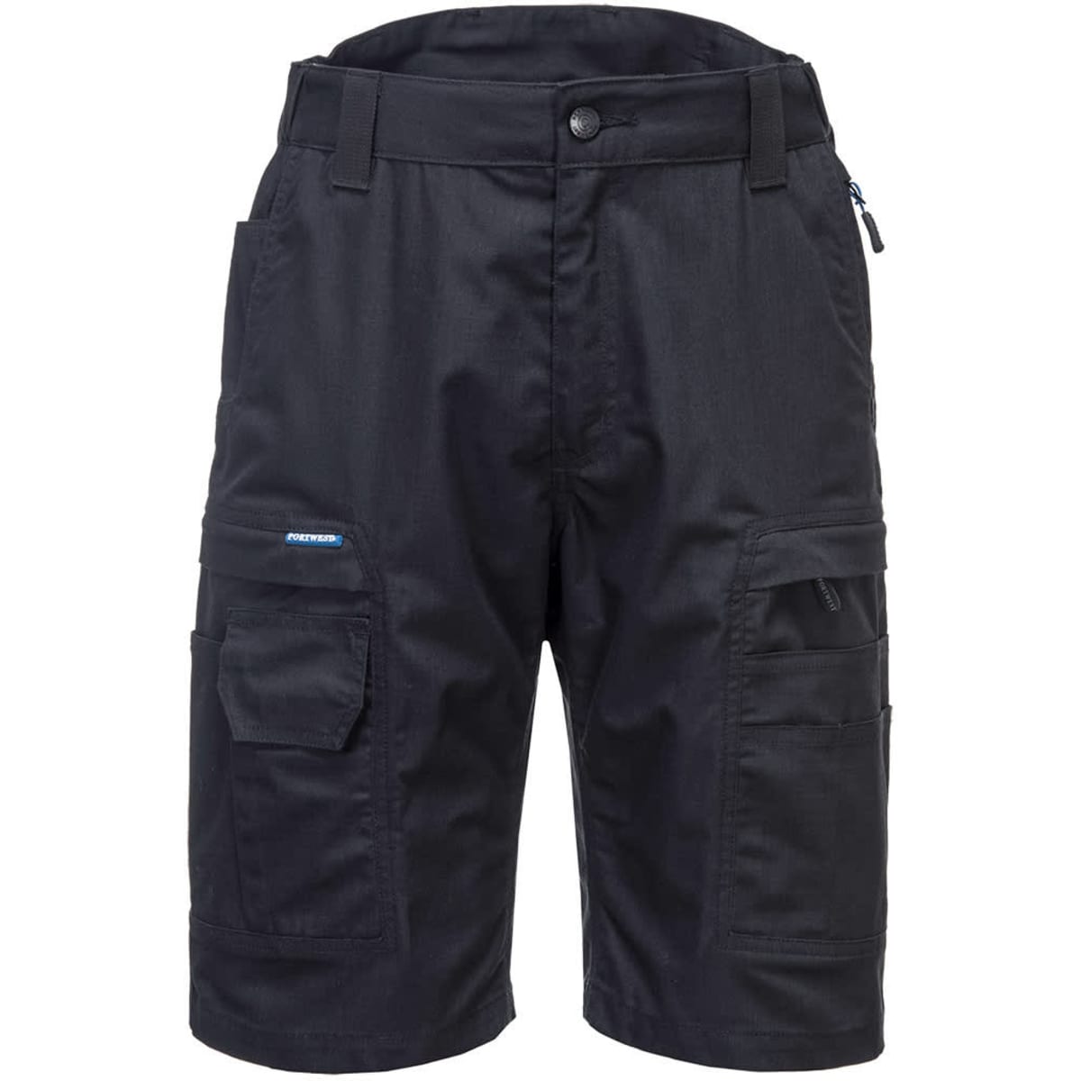 Black cargo shorts featuring multiple pockets and a branded logo.