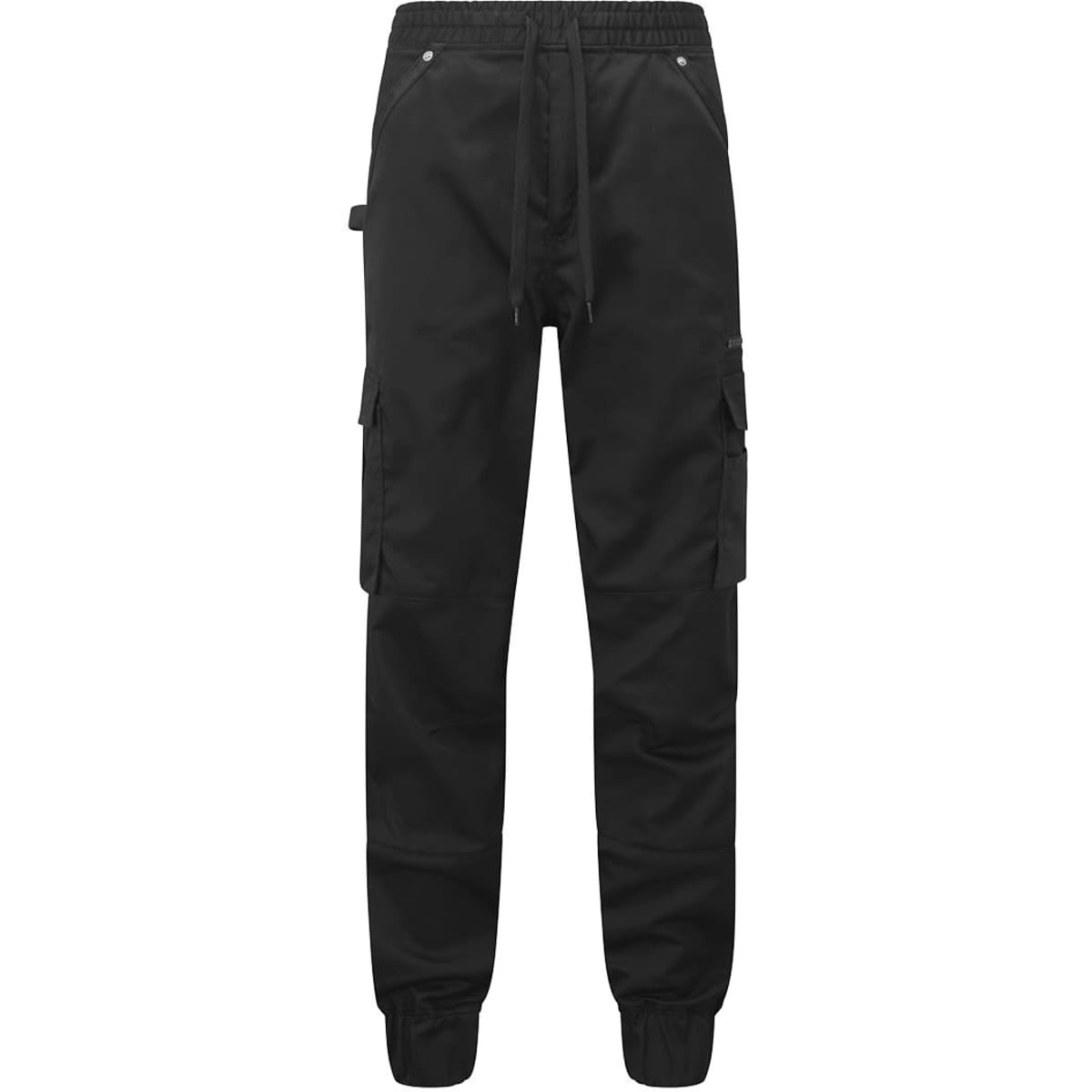 Black lightweight pants with an elastic waistband, featuring cargo pockets and a logo.