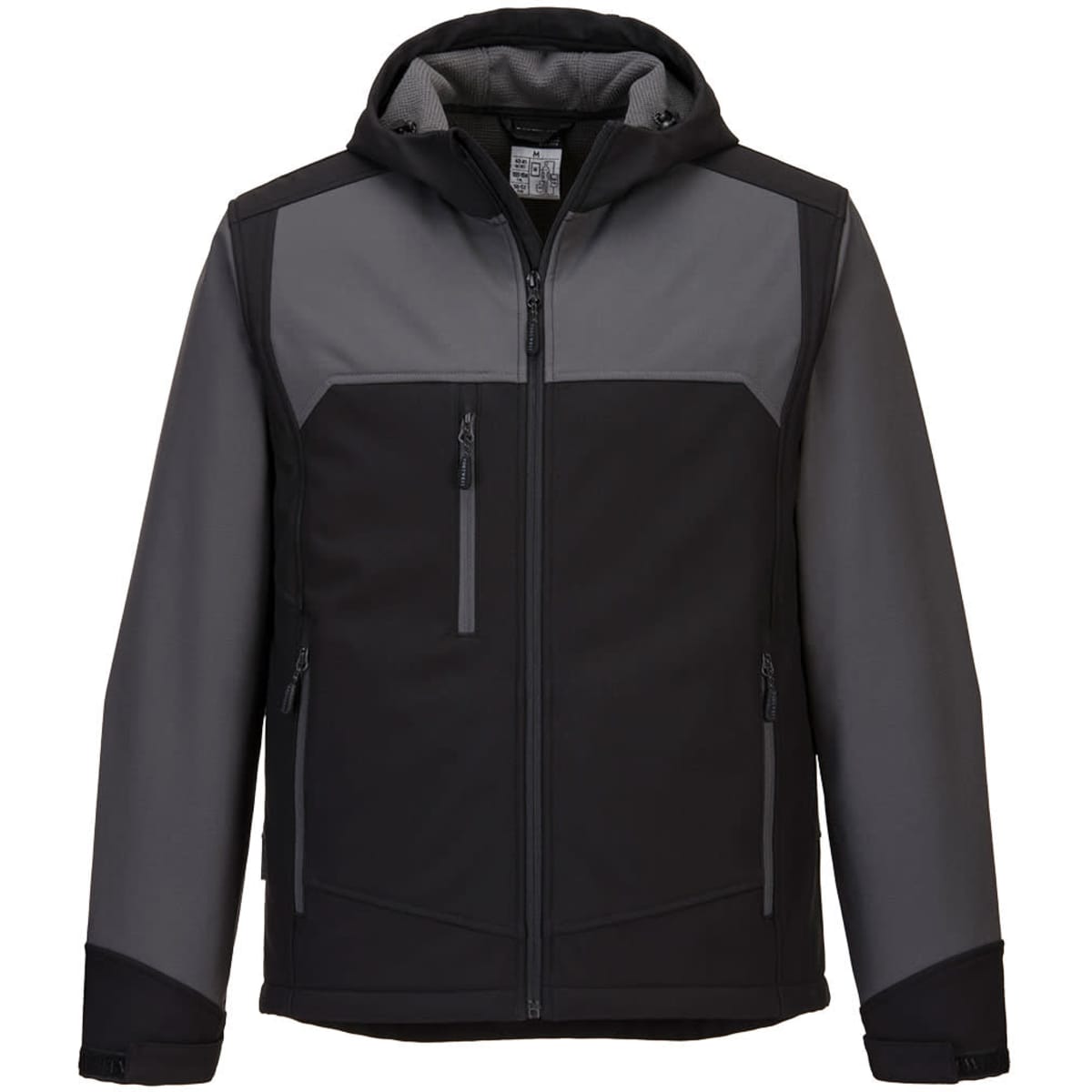 A hooded softshell jacket in black and grey, featuring multiple zippered pockets and a logo.