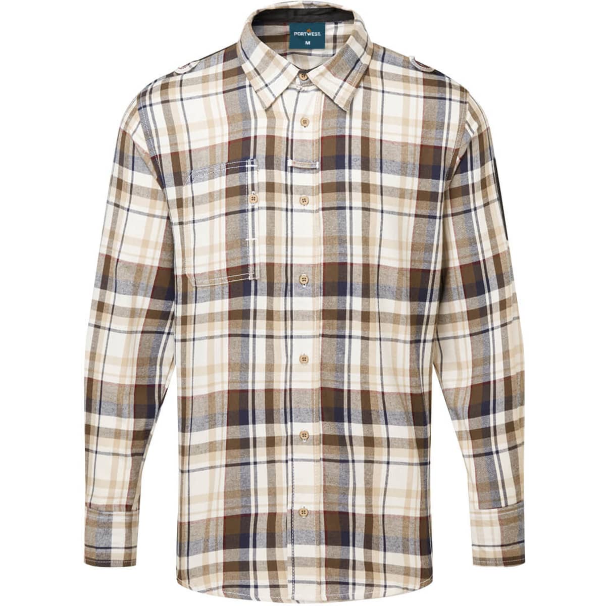 A flannel shirt featuring a checked pattern in beige, brown, and navy with a front pocket and a logo.