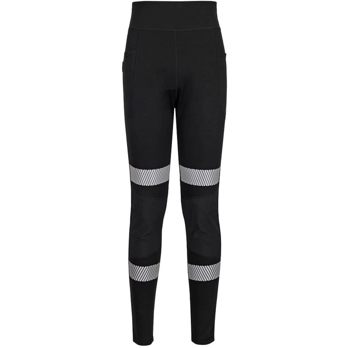 Black leggings featuring reflective strips, designed with a high waistband and pockets. Includes a logo.